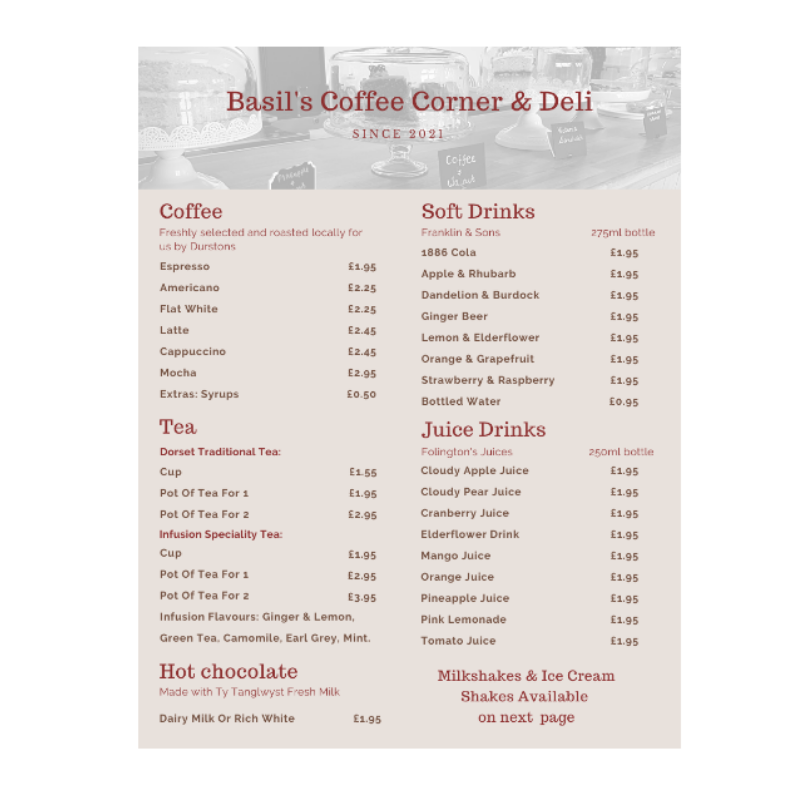 Image of Woodcraft82 Basils corner menu designed by Cerys Codes
